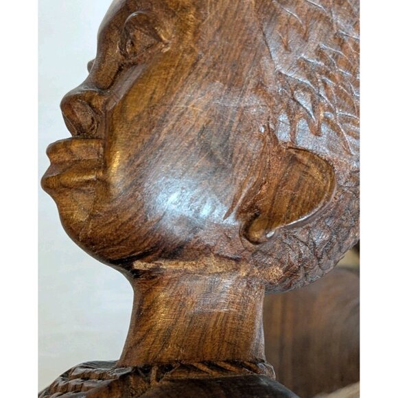 Wooden Handcarved African Statues Head Bust Tribal Man & Woman Pair Folk Art Set - Picture 7 of 16